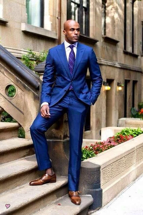 12 Hot Black Men In Amazing Suit. – AMillionStyles.com Blue Suit Brown Shoes, Brown Ankle Boots Outfit, Dapper Man, Terno Slim, Domestic Bliss, Blue Suits, Imaginary Boyfriend, Men In Black, Navy Suit