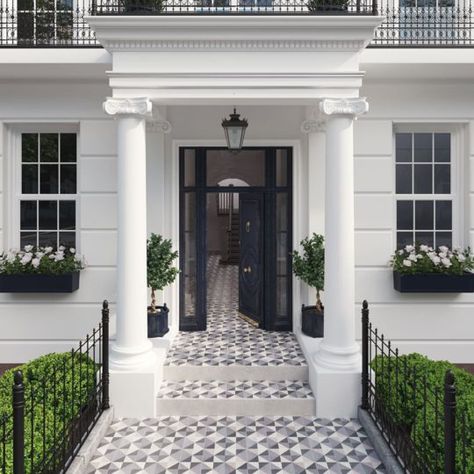 White And Grey Tiles, Tiled Entrance, Tiles For Outdoor, Victorian Front Doors, Porch Tile, Encaustic Tiles, Victorian Tiles, May Designs, Black And White Tiles