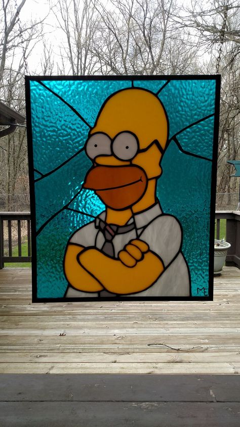 This is my first Homer, done for a friend. He is sold, but the pattern is still here waiting for someone to order it. I could do it within two weeks. Stained Glass Funny, Disney Stained Glass, Window Designs, Modern Stained Glass, Glass Diy, Custom Stained Glass, Glass Art Projects, Stained Glass Diy, Stained Glass Crafts