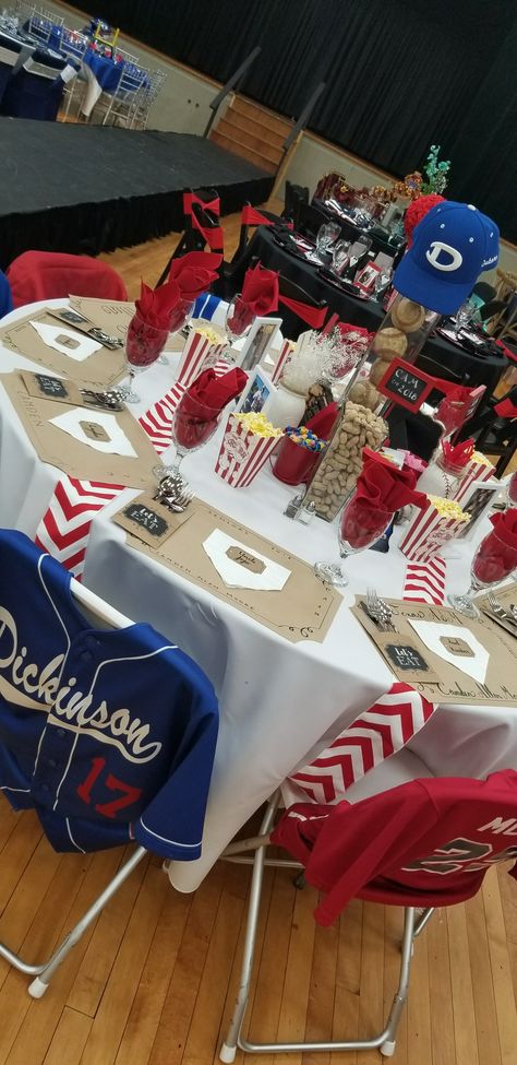 Baseball Wedding Shower Ideas, Senior Serve Baseball Table Ideas, Senior Baseball Banquet Ideas, Baseball Senior Serve Tables, Baseball Table Decorations Ideas, Baseball Party Centerpiece Ideas, Sport Graduation Party Ideas, Baseball Senior Night Decorations, Baseball Theme Table Decorations