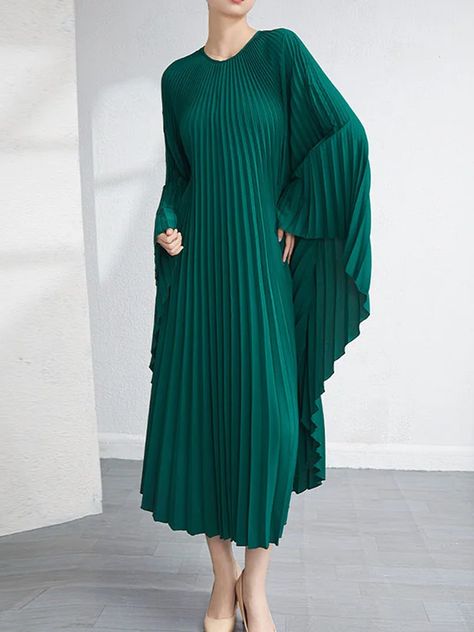 Loose Elegant Crew Neck Long sleeve Long Dress | stylewe Skirt Set Two Piece, Plisse Fabric, High Neck Midi Dress, Batwing Dress, Dress Kaftan, Minimalist Dresses, Urban Dresses, Green Midi Dress, Maxi Dress Green