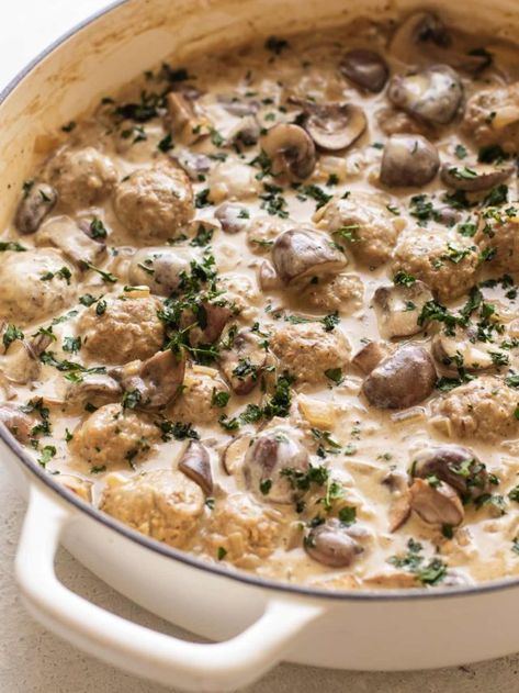 Easy Meatball Stroganoff | Girl Gone Gourmet Meatball Stroganoff Recipe, Beef Stroganoff Meatballs, Meatball Stroganoff, Ground Beef Meatballs, Meatball Dinner, Meatball Recipes Easy, Meatballs Easy, Stroganoff Recipe, Beef Meatballs