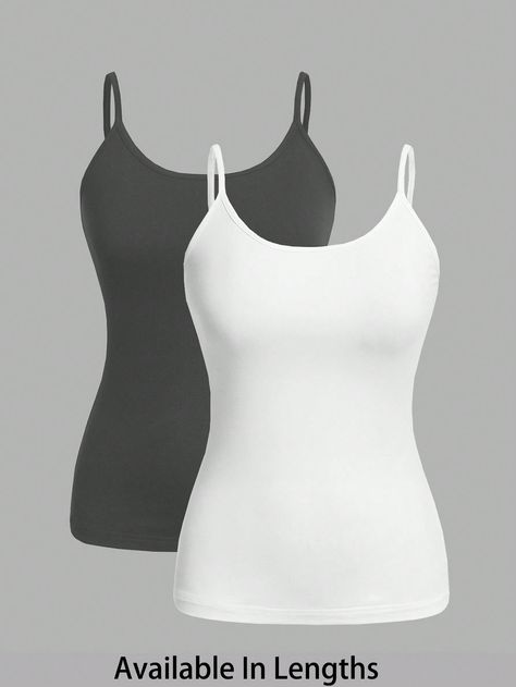 Plus Size Women's Black & White 2pcs/Set Tight Casual Tank Tops Grey Casual   Knitted Fabric Plain Cami Medium Stretch  Women Plus Clothing, size features are:Bust: ,Length: ,Sleeve Length: Casual Camisole, Long Tank Top, Long Tank Tops, Shein Outfits, Long Tank, Women Tank Tops, Tank Top Camisole, Clean Girl, Casual Tank Tops