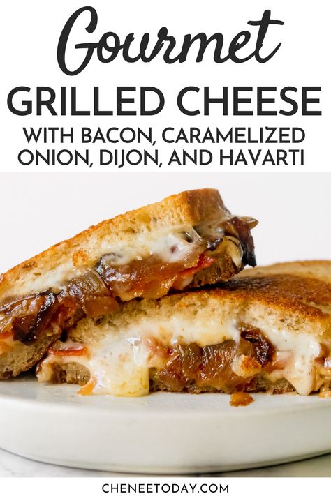 How to make the BEST grown-up grilled cheese sandwich, dressed up fancy with whole grain dijon mustard, crispy bacon, sweet caramelized onions, and Havarti and Emmental cheeses! The ultimate bacon grilled cheese sandwich at home! So easy! #grilledcheese #gourmetgrilledcheese #bacongrilledcheese Havarti Cheese Recipes, Fancy Grilled Cheese Recipes, Fancy Grilled Cheese Sandwiches, Grilled Cheese Recipes Gourmet, Bacon Brie, Bacon Grilled Cheese Sandwich, Gourmet Grilled Cheese Sandwich, Bacon Onion Jam, Onion Grilled Cheese