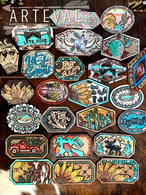 Tooled Leather Ideas, Western Tooled Leather Tattoo, Leather Burning Designs, Leather Tooling Designs, Cactus Leather Tooling, Tooled Leather Patch, Tooled Earrings, Tooled Leather Hat Patch, Cowhide Projects