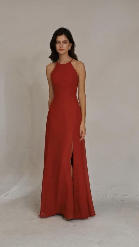 Alfa Bridal Long Red Split Chiffon Bridesmaid Dresses [Video] | Dresses, Red dresses classy, Red dress casual Red Simple Dress, Long Dress Ideas, Halter Bridesmaid Dress Long, Bridesmaid Dresses Red, Inexpensive Bridesmaid Dresses, Dresses With Split, Red Chiffon Dress, Simple Long Dress, Bridesmaid Dresses Chiffon