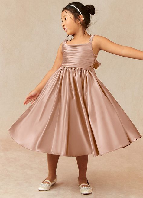 Sage Flower Girl Dress, Coral Flower Girl Dresses, Satin Flower Girl Dress, Champagne Rose, Grey And Coral, Dress Dusty, Satin Flowers, Dress Flower, Tea Length Dresses