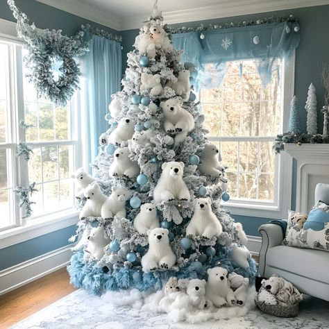 A polar bear tree adds a cozy yet frosty holiday aesthetic with icy accents, snowy branches, and charming Arctic details. Polar Bear Decorations Winter Wonderland, Polar Bear Themed Christmas Tree, Arctic Christmas Tree, Polar Bear Christmas Tree Ideas, Polar Bear Christmas Tree, Snowy Branches, Whimsical Christmas Trees, Snowy Christmas Tree, Traditional Holiday Decor