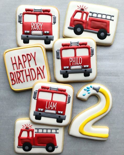 Fire Truck Birthday Cookies, Fire Truck Cupcakes, Firefighter Cookie, Fireman Cake, Firetruck Cake, Firetruck Birthday Party, Fire Truck Party, Firefighter Birthday, Crazy Cookies