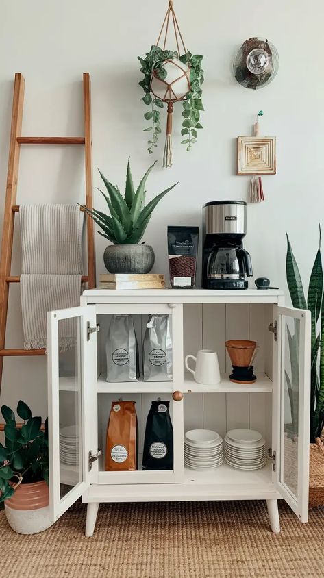 25 At-Home Coffee Bar Setups for Stylish, Aesthetic Sips 4 Bar And Coffee Station Ideas, Boho Coffee Bar Ideas, Coffee Station Design, Coffee Corner Aesthetic, Home Coffee Corner, Cozy Coffee Corner, Aesthetic Coffee Bar, Home Coffee Bar Ideas, Keurig Coffee Station