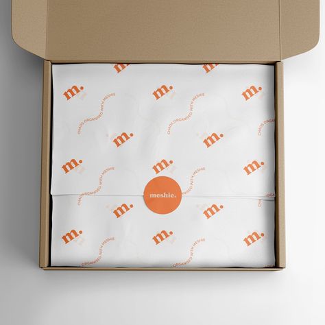 Totally loving Orange! 🧡 Tissue paper design for @meshieco #branddesigns #graphicdesigns #branddesignstudio ( Brand Design Studio, Graphic Design ) Orange Packaging Design, Tissue Paper Packaging, Branded Tissue Paper, Tissue Paper Design, Orange Tissue Paper, Bakery Inspiration, Orange Boxes, Paper Packaging, Point Of Sale