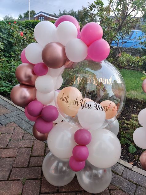 A Level Legends Balloon hug bouquet made for my lovely customer's sisters. Bobo balloon with pink, rose gold, white and pearl. Balloon Hug, Bobo Balloons, A Levels, Bobo Balloon, Clear Balloons, Balloon Ideas, Balloon Decor, Rose Gold White, Balloon Art