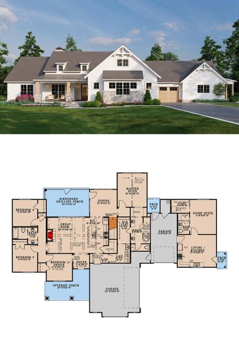 5-Bedroom Single-Story Modern Farmhouse Floor Plan with In-Law Suite and Multiple Garages Multigenerational House Plans, Multigenerational House, Inlaw Suite, In Law House, In-law Apartment, Garage Floor Plans, 5 Bedroom House, Family House Plans, Contemporary Farmhouse