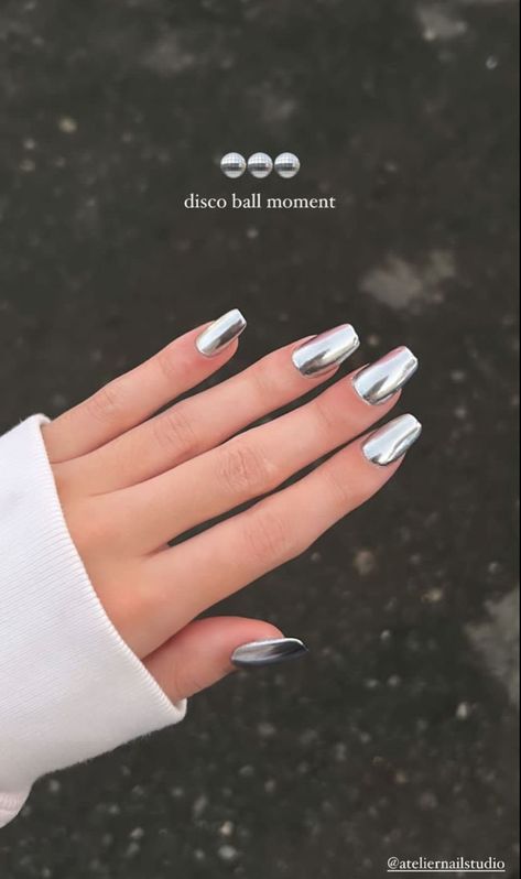 Classy Square Nail Designs, Square Silver Chrome Nails, Dancing Queen Nails, Disco Inspired Nails, Disco Party Nails, Disco Themed Nails, Disco Theme Nails, Disco Ball Nail Art, Bach Party Nails