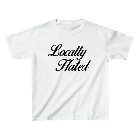 Discover the iconic Locally Hated Baby Tee exclusively at printwithsky. This top is a nod to Y2K and 90s fashion, designed for those who venerate vintage and retro styles. Make a bold statement and share your individualistic sense of fashion with this distinctive graphic baby tee. An ideal present for the fashion-forward woman, it encapsulates both attitude and trendiness. Model is wearing XS size. Our size guide ensures a perfect fit. Iconic Graphic Tees Y2k, Baby Tee Sayings, Baby Tees With Words, Graphic Baby Tee Outfit, Locally Hated, Baby Tee Aesthetic, Sweat Tour, Baby Tee Outfit, Tshirt Graphics