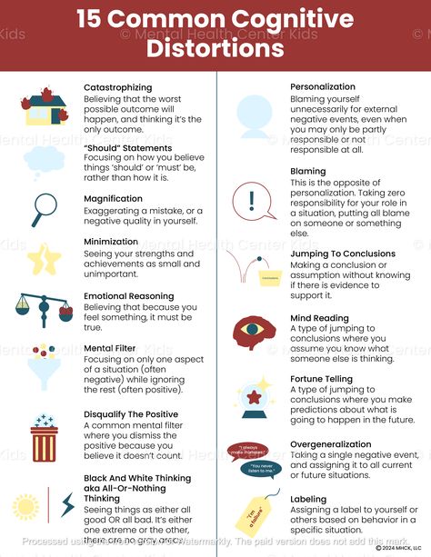 Common Cognitive Distortions (PDF) – Mental Health Center Kids Cognitive Distortions List, Cognitive Behavior Therapy, Thinking Errors, Coping Skills Worksheets, Anger Management Worksheets, Thinking Patterns, Cbt Worksheets, Self Care Worksheets, Self Esteem Worksheets