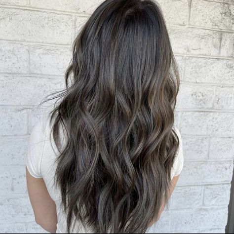 Mushroom Brown Hair On Black Hair, Icy Dark Brown Hair, Dark Brown Ashy Hair, Ashy Dark Brown Hair, Ashy Dark Brown Hair Balayage, Dark Ashy Brown Hair, Dark Brown Hair With Ashy Highlights, Ashy Babylights On Dark Hair, Smokey Ash Brown Balayage Dark