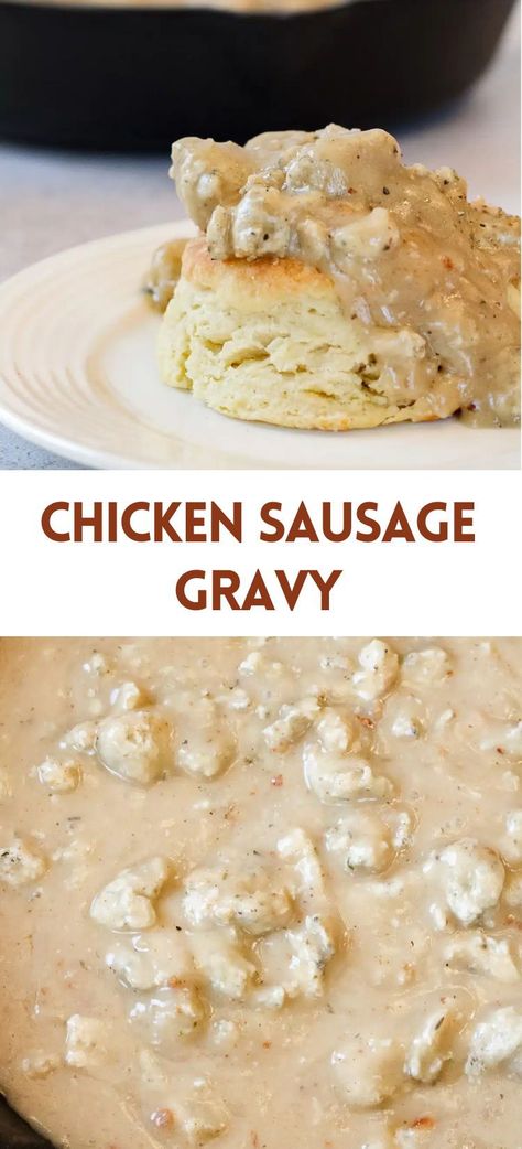 There is nothing better than a delicious savory breakfast of homemade chicken sausage gravy served over hot, flaky buttermilk biscuits. Perfectly seasoned ground chicken is combined with a homemade gravy that is full of flavor, creamy, and irresistible! Serve with fluffy scrambled eggs and homemade biscuits for the ultimate southern breakfast! Ground Chicken Gravy, Chicken Biscuits And Gravy, Chicken Sausage Gravy, Homemade Chicken Sausage, Chicken Gravy From Broth, Southern Sausage Gravy, Flaky Buttermilk Biscuits, Midwest Kitchen, Chicken Sausage Recipes