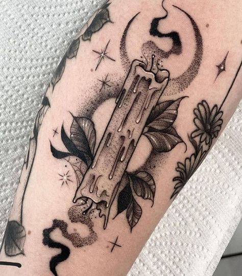 Witchy Calf Tattoo, Which Tattoos For Women, Gothic Patchwork Sleeve Tattoo, Gothic Cathedral Back Tattoo, Spooky Flash Art, Spooky Forearm Tattoo, Tarot Sleeve Tattoo, Witchy Arm Sleeve Tattoo, Spooky Candle Tattoo