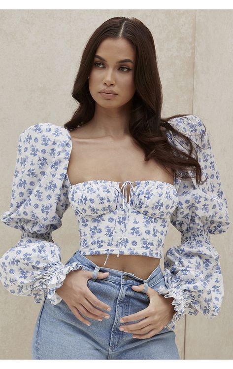 Clothing : Tops : 'Millicent' Blue Print Cropped Corset Top Crop Top Autumn, Drawstring Crop Top, Floral Puff Sleeve Top, Party Blouse, Cropped Tops, Long Puff Sleeves, Puff Sleeve Top, Top Women, Ladies Party