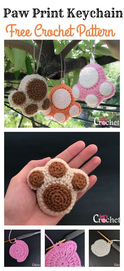 Crochet Paw Print Keychain Free Pattern Free Crochet Patterns Amigurumi Animals Keychains, Paw Prints Crochet Pattern, Crochet Paw Print Keychain Pattern Free, Easy Crochet Paw Print, Dog Crochet Keychain, Crochet Puppy Keychain, Paw Keychain, Crochet Bookmark Pattern, Crochet Keychain Pattern