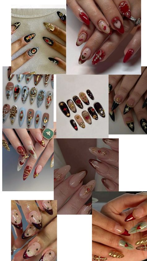 renaissance nail art with chrome, gold, black, hearts, 1800s gothic aesthetic The Love Witch Nails, The Love Witch, Witch Nails, Halloween Nail, Halloween Nails, Nail Inspo, Witch, Halloween, Nails