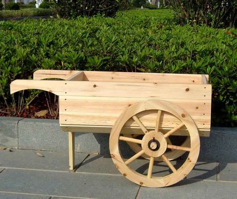 Lawn Ornament | Lawn Ornaments & More Wooden Wheelbarrow Planter, Rustic Wheelbarrows, Wooden Wheelbarrow, Gerobak Dorong, Wheelbarrow Planter, Wood Wagon, Wooden Cart, Wooden Wagon, Garden Growing