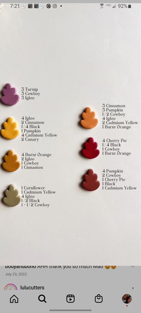 Orange Clay Recipe, Polymer Clay Mixing Colors Sculpey, Brown Clay Recipe, Fall Color Palette Polymer Clay, Fall Polymer Clay Color Recipes, Christmas Clay Color Recipe, Sculpey Souffle Color Recipes, Free Polymer Clay Color Recipes, Fall Clay Color Recipes