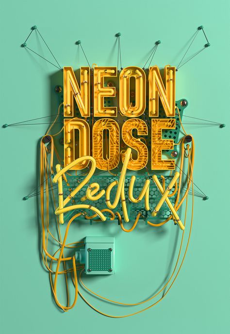 Neon Dose Redux on Behance Blender Typography, Typography Composition, Typography Book Cover, Neon Font, 3d Typography Design, Typography Hand Lettering, Hand Lettering Typography, Neon Typography, Calligraphy Hand Lettering