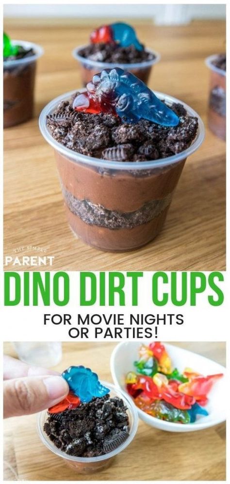 35 Roar-Worthy Dinosaur Snacks Party Ideas Straight out of Jurassic Park Dino Themed Treats, Dino Themed Food Dinosaur Snacks, Dinosaur Dinner Party, Simple Dinosaur Birthday Party, Dinosaur Movie Night, Dino Themed Food, Dirt Cup Recipe, Themed Movie Night, Dirt Cups Recipe