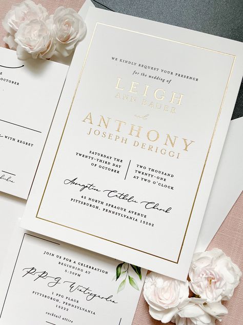 Wedding Card White And Gold, Wedding Invite Gold Foil, Foil Invitation Wedding, Homecoming Invitation Cards, Minimalistic Wedding Cards, Champagne Invitations Wedding, Classy Elegant Wedding Invitations, Foil Wedding Invitations Diy, Classic Wedding Invitations Elegant Gold