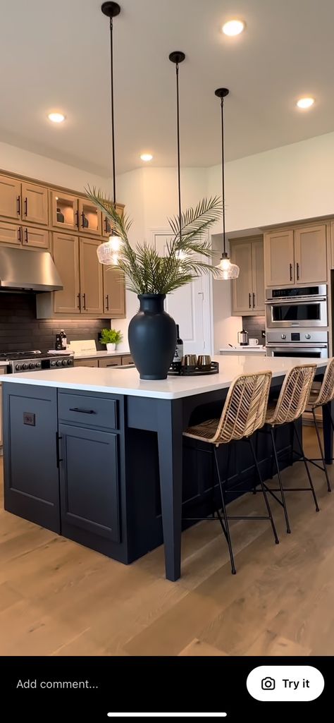 Modern Farmhouse Kitchen Design Backsplash, Semi Modern Kitchen, White Oak And Black Kitchen, Kitchen Exposed Brick, Kitchen Countertops Ideas, Industrial Chic Kitchen, Kitchen Cozy, Modern Minimalist Kitchen, Kitchen Water