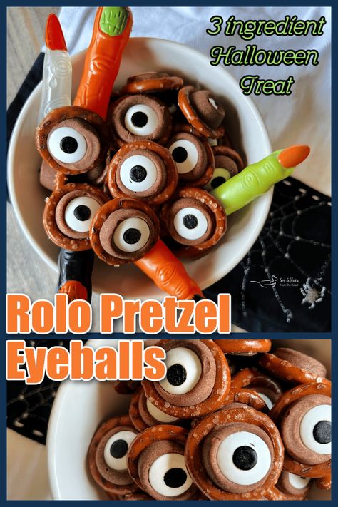 Rolo Pretzel Eyeballs (Fun & Easy Halloween Treats!) Grape Eyeballs Halloween, Halloween Pretzel Eyeballs, Pretzel Rollo M&m, Halloween Pretzel Rolo Treats, Halloween Pretzel Bites, Eyeball Food Halloween, Halloween Rolo Pretzels, Eyeball Food Ideas, Pretzel Ciggerate