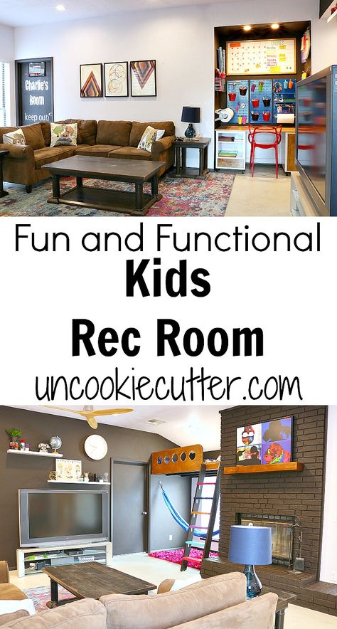 We have completed our kids rec room makeover and what was once drab and disgusting is now fun, bright and functional! UncookieCutter.com Built In Loft Bed, Built In Loft, Kids Rec Room, Functional Basement, Teen Playroom, Kids Hangout Room, Teen Basement, Teen Lounge Rooms, Hangout Room Ideas