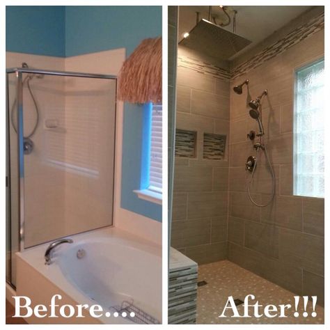 Bathroom remodel. Removed garden tub to make room for a walk-in shower without a door! Bathroom Tub Remodel, Bathroom Remodel Small Diy, Tub To Shower Remodel, Tub Remodel, Tub To Shower Conversion, Small Shower Remodel, Shower Conversion, Small Bathroom With Shower, Bathtub Remodel