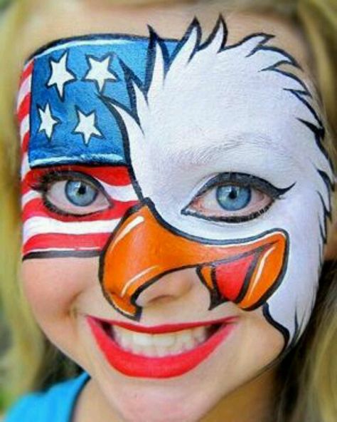 Eagle American; face painting Patriotic Face Painting Ideas, American Flag Face Paint, Patriot Face Paint, Easy Face Painting Ideas For Kids Fourth Of July, Usa Facepainting, July Makeup, 4th Of July Makeup, Eagle Face, Animal Face Paintings