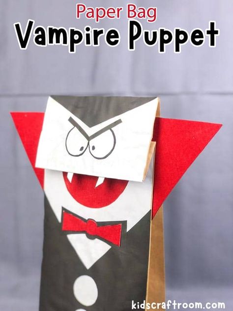 Have fun this Halloween making and playing with your own Paper Bag Vampire Puppet. Watch out though! He'll want to suck your blood! Such a fun interactive Halloween craft for kids. #kidscraftroom #kidscrafts #halloweencrafts #puppets #preschoolcrafts Halloween Paper Bags Crafts, Dracula Craft, Vampire Craft, Halloween Paper Bags, Make A Bow Tie, Halloween Infantil, Puppets For Kids, Paper Bag Crafts, Kids Craft Room