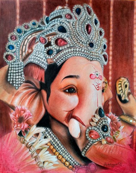 Pencil colour portrait Colorful Ganesha Painting, Ganesha Colour Pencil Art, Ganesha Art Drawing Paintings, Colour Pencil Portrait Realistic, Realistic Colour Pencil Drawings, Pencil Colour Portrait, Colour Pencil Portrait, God Sketch, Colour Portrait