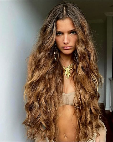 Big Beach Waves Hair, Long Hair 70s, Leo Hairstyles, Elise Zecevic, Long Heavy Hair, Perfect Beach Hair, Ariel Hair, Honey Brown Hair, Textured Curly Hair