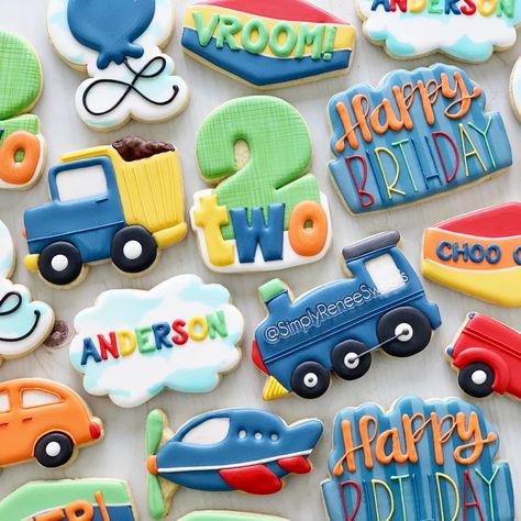 Transportation Cookies Birthday Parties, 2 Year Birthday Cookies, Transportation Birthday Theme Decor, Transportation Birthday Cookies, Transportation 2nd Birthday Party, Transportation Cookies Decorated, Transportation Cookies, Car Birthday Cookies, 2nd Birthday Cookies