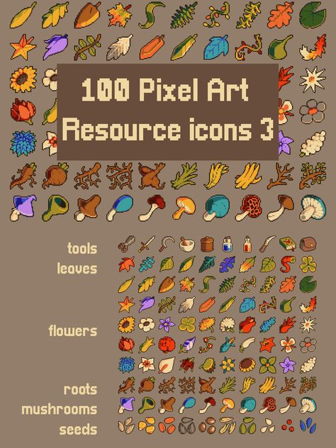 We present to your attention a great set of Nature Things Pixel Art 32×32 Icons. This package will be useful for both beginners and more experienced 2D game developers who want to bring new resources to their game. It contains a lot of high-quality icons in 32×32 resolution, namely: tools (scissors, swords, sickles, mortars, jars, books, etc.), leaves of various shapes and origins, flowers (clover, tulip, sunflower and others), root crops, mushrooms and other resources that may be useful to you. Pixel Art Shapes, Pixel Art Assets, Pixel Art Items, Pixel Art Nature, Pixel Leaves, Mushroom Pixel Art, Flower Pixel Art, Pixel Assets, Pixel Art Designs