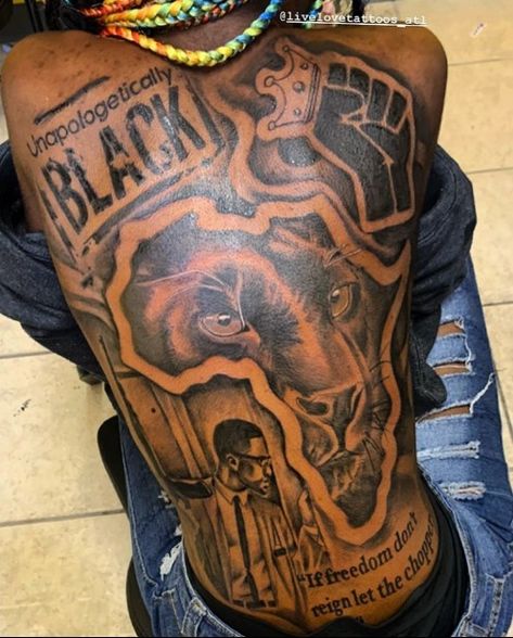 Afro Art Tattoo Ideas, Africa Back Tattoo, Tattoo For Black Man, Black Men Back Tattoos, Black Pride Tattoo, Blm Tattoo Ideas, Black Power Tattoo, African Sleeve Tattoo, Black People Tattoos