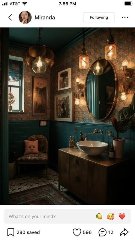 Gothic Decor Diy, Green Bathroom Colors, Witchy Bathroom, Bohemian Loft, Cottagecore Bathroom, Pirate Bathroom, Harry Potter Bathroom, Colorful Bathrooms, Moody Bathroom