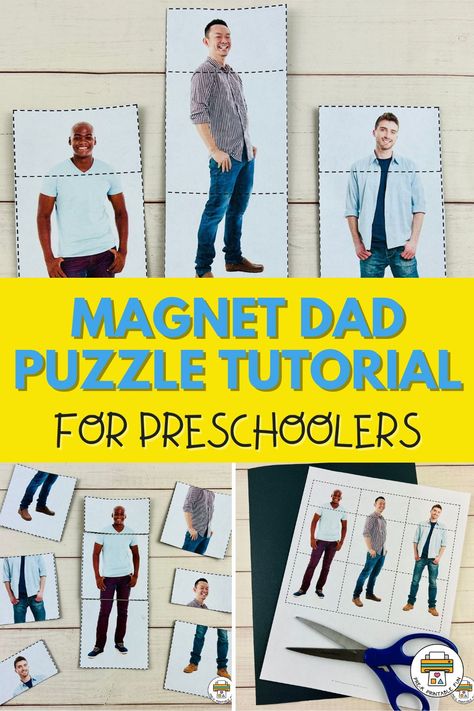 Creating a magnetic puzzle of dads for preschoolers on Father's Day is a fun and interactive activity that allows them to engage with the concept of dads while fostering fine motor skills. Magnet dad puzzles are easy to make and the perfect activity to celebrate Father's Day with your preschooler! Father Day Activity For Preschool, Puzzles For Preschoolers, Daycare Spaces, Father Days, Dad Pictures, Father's Day Activities, Family Structure, Preschool Centers, Preschool Lesson Plans