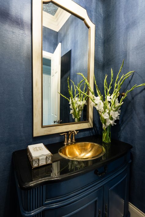 A Well Dressed Home - Transitional - Powder Room - St Louis - by JCR Design Group | Houzz Navy Blue Powder Room, A Well Dressed Home, Blue Powder Room, Deep Blue Paint, Transitional Powder Room, Powder Room Remodel, Powder Room Wallpaper, Powder Room Vanity, Room Vanity