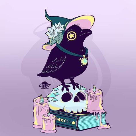 Raven Cartoon Drawing, Cute Raven Art, Crow Illustration Cute, Witch Illustration Character Design, Goth Art Aesthetic, Corvidcore Aesthetic, Chibi Crow, Cute Crow Drawing, Crow Character Design