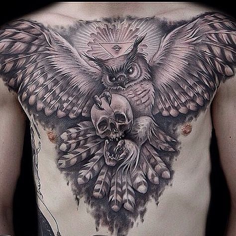 Owl tattoo by @alexis_vaatete at Vatican Studios in Lake Forest, CA #tattoosnob #alexisvaatete #vaticanstudios #lakeforest #california #torsotattoo #chestpiece #owl #owltattoo #tattoo #tattoos Chest Owl Tattoo, Hourglass Tattoo Meaning, Owl Skull Tattoos, Tattoos Anchor, Tattoos Owl, Tattoos Feather, Owl Tattoo Chest, Owl Tattoo Meaning, Placement Tattoo