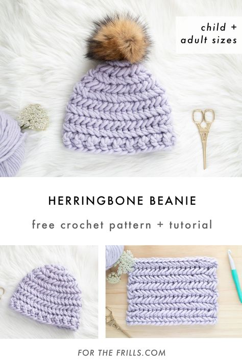 Chenille Beanie Crochet Pattern, Bobble Hat Crochet Pattern Free, Herringbone Single Crochet Stitch, Herringbone Single Crochet, Chunky Yarn Crochet Pattern, Free Crochet Hat Pattern, Bulky Yarn Patterns, Beanie Hat Crochet Pattern, Chunky Crochet Hat