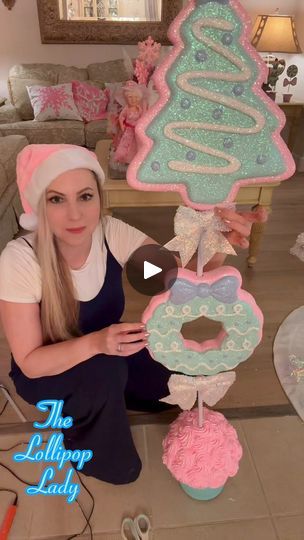 Candyland Christmas Topiary DIY with Dollar Tree and Walmart Items | Tutorial for this gorgeous Candyland Christmas topiary using giant lollipops from Walmart and Dollar Tree planters #candyland #candylandchristmas... | By The Lollipop Lady | Facebook Topiary Diy Christmas, Fake Gumdrops Diy, Diy Large Christmas Tree Ornaments, Diy Giant Candy Props Christmas, Candyland Christmas Tree Diy, Diy Whimsical Christmas Decor, Candyland Theme Christmas Tree, Candyland Centerpieces Ideas, Christmas Topiary Diy