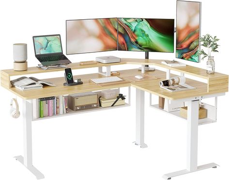 Shelves With Light, L Shaped Standing Desk, Oak Home Office, Desk With Shelves, Desk With Keyboard Tray, Under Desk Storage, Electric Standing Desk, Stand Up Desk, Standing Shelves